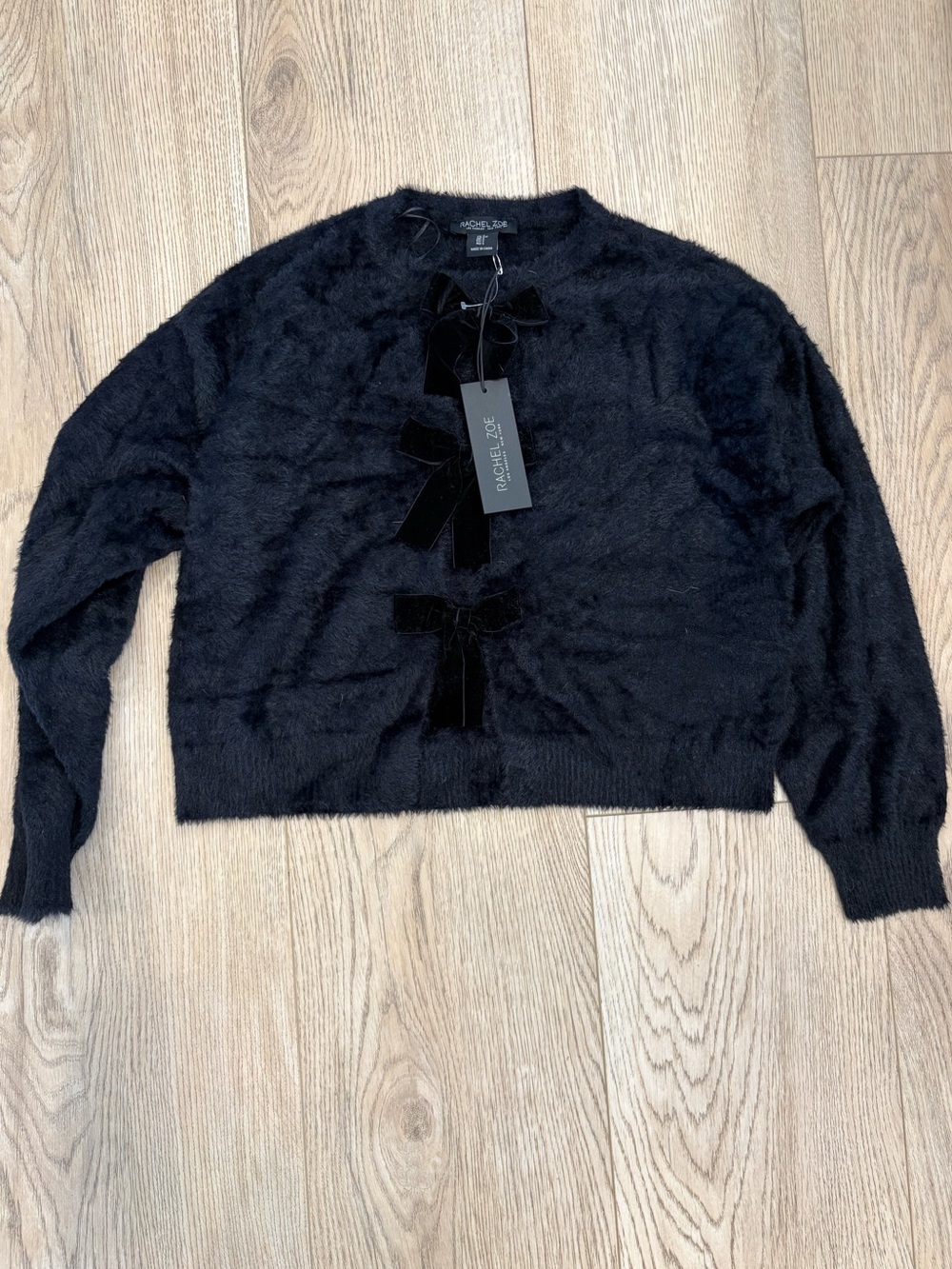 Rachel Zoe Black Fuzzy Bow-Accent Women's Sweater NWT